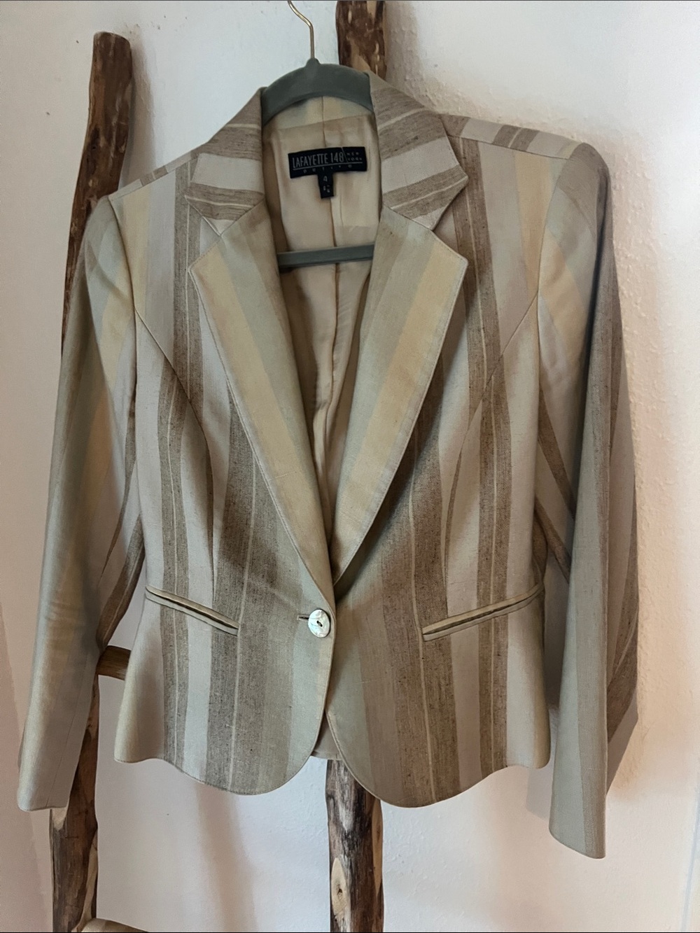 Lafayette 148 New York Cream Khaki Tan Striped Silk Linen Blend Blazer Small 4